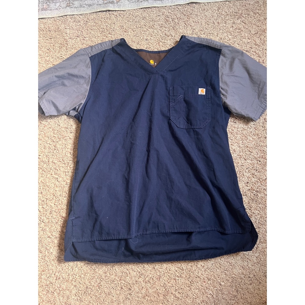 Carhartt Mens Scrub Top Medium Navy Blue Grey Colorblock Ripstop V-Neck Pocket